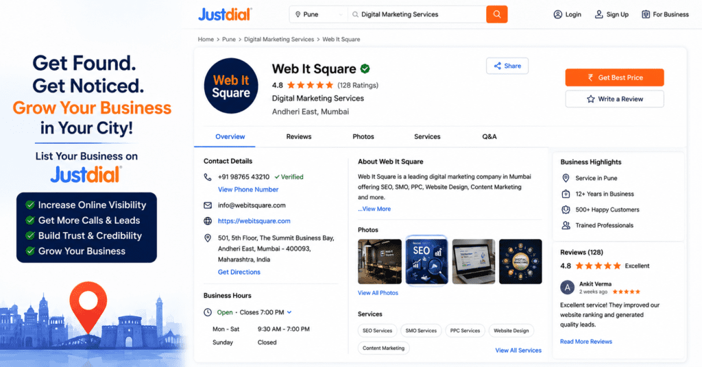 Local SEO for Indian Businesses: How to Rank on Google in Your City (2026 Guide) 4 JustDial business listing for local SEO India